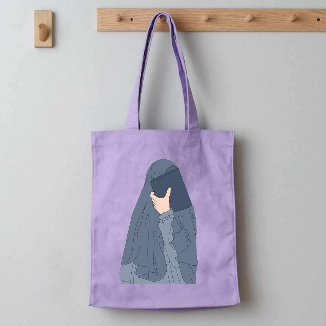 Hijab girl covering face tote bag