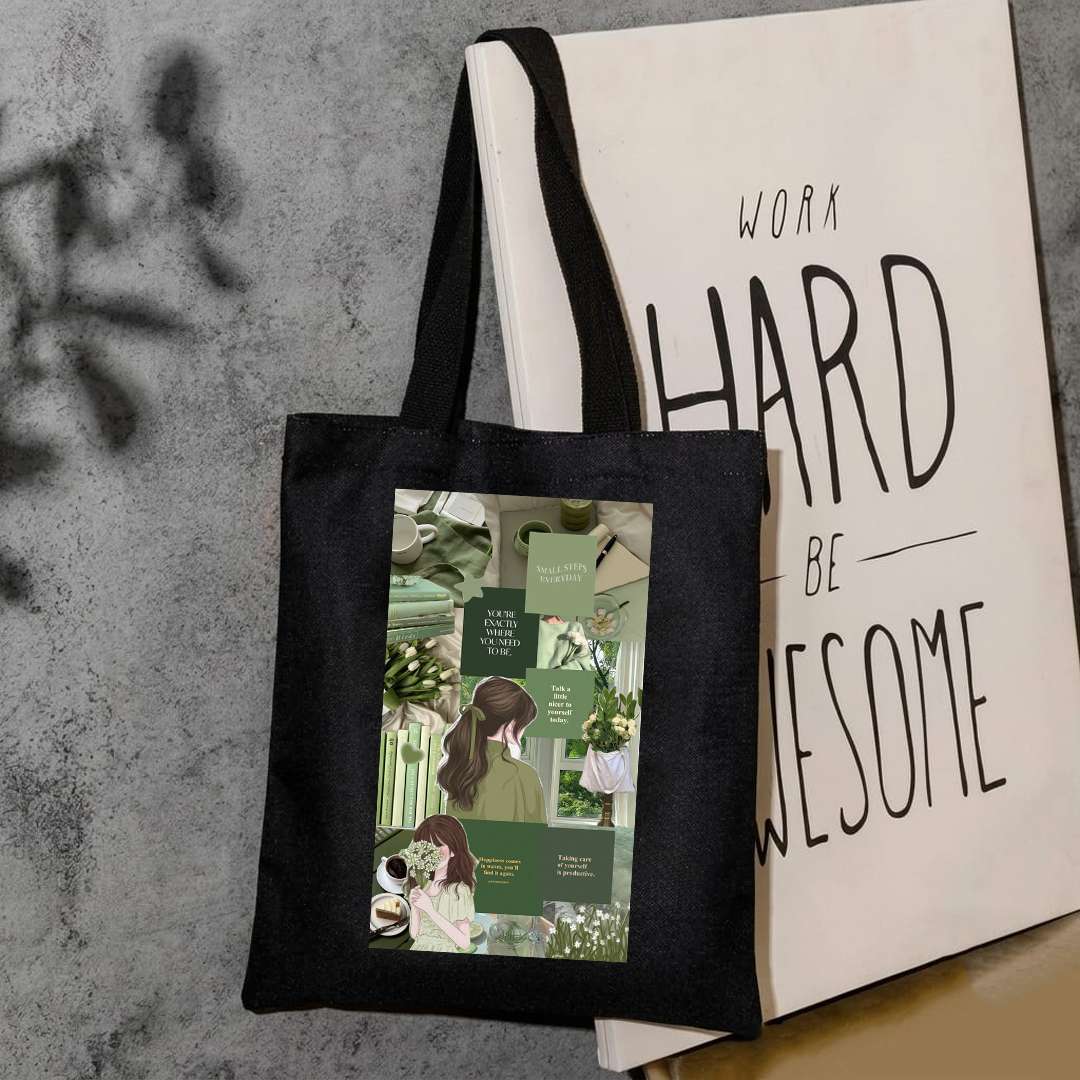 Aesthetic motivational green collage tote bag