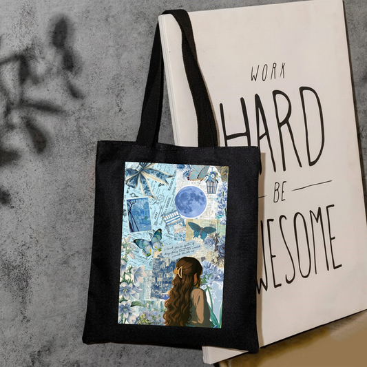 Blue aesthetic girl tote bag