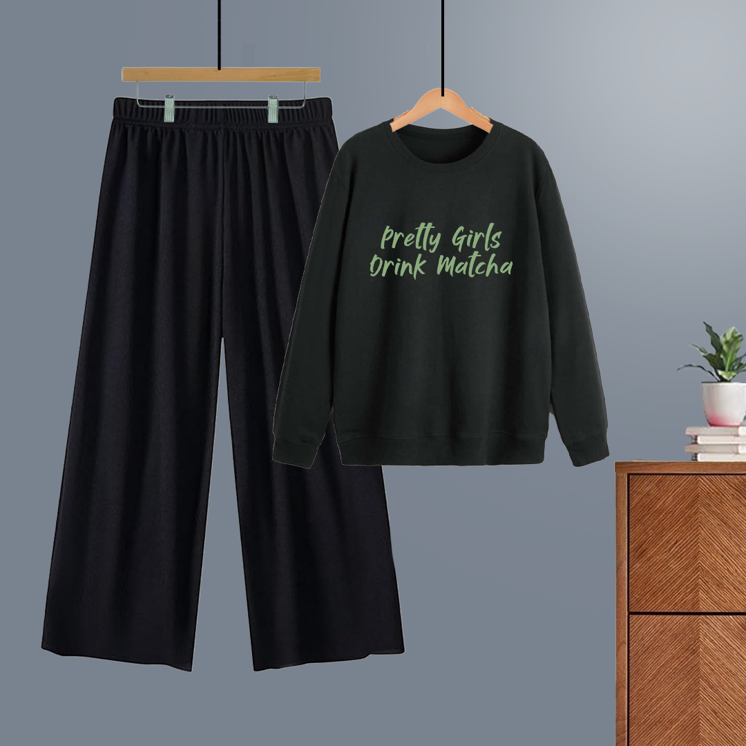 Winter tracksuit pretty girls drink matcha sweatshirt with free size flapper