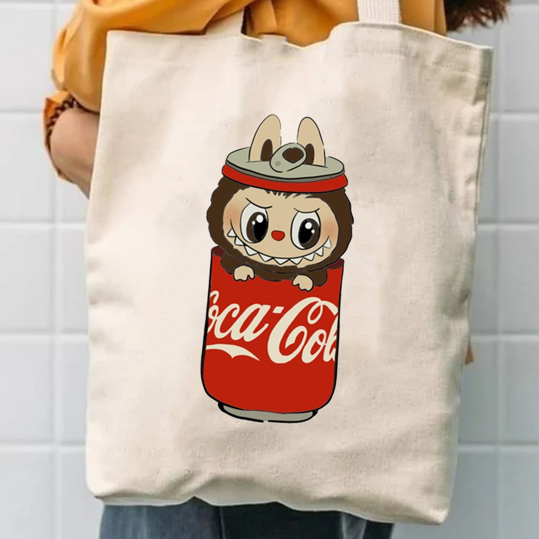 Coke can labubu tote bag
