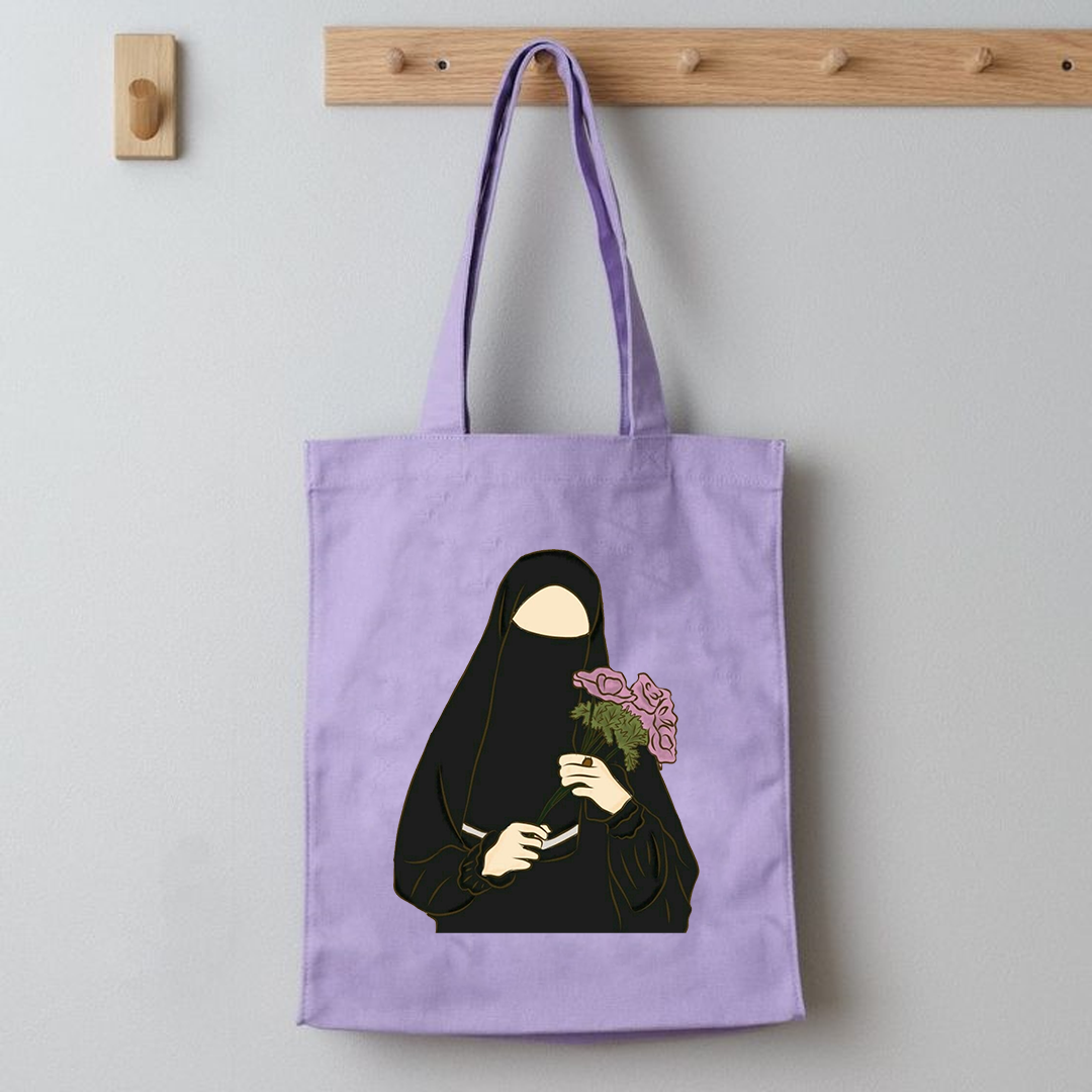 Hijab girl holding roses tote bag