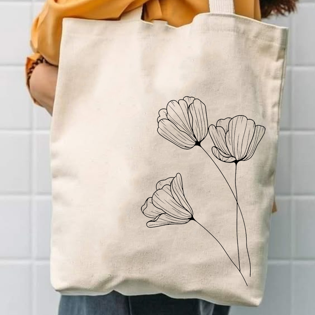 Line art flower canvas tote bag