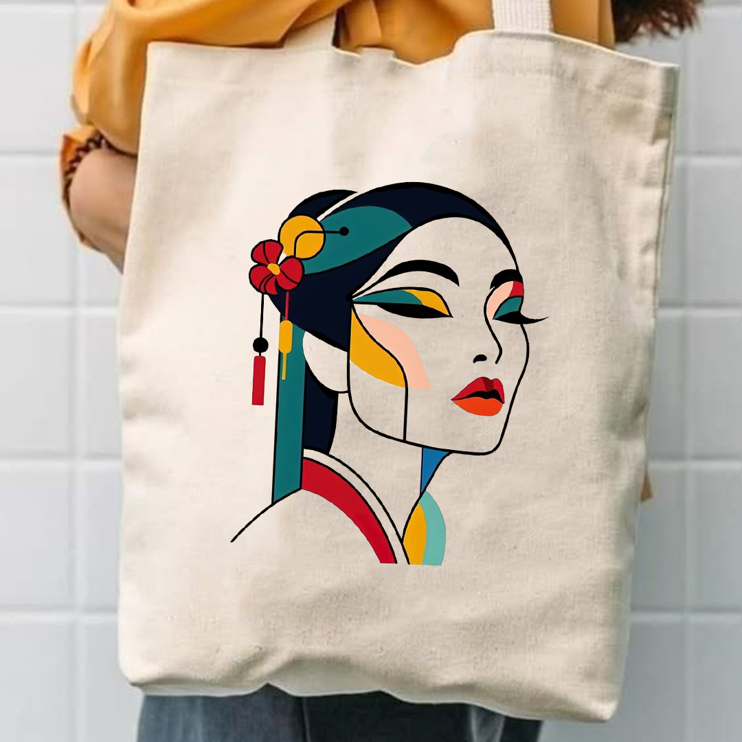 Line art girl canvas tote bag
