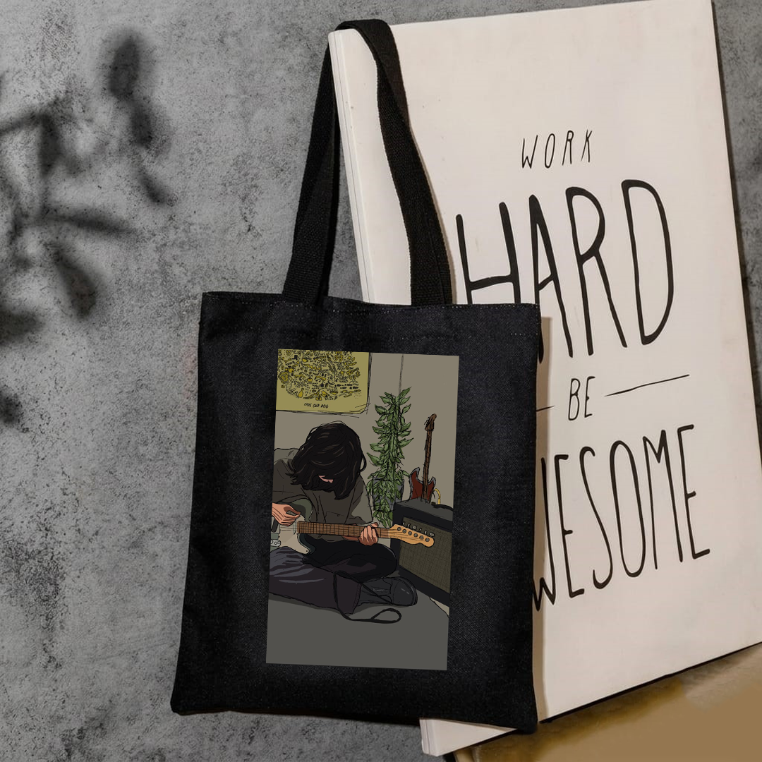 Guitar playing girl aesthetic vibes tote bag