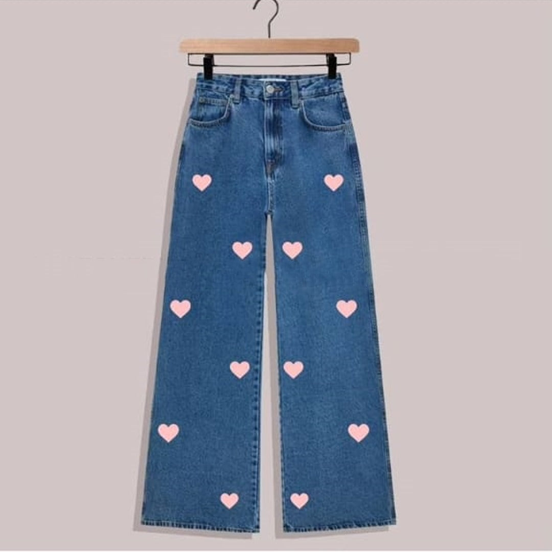 Blue pink hearts wide leg jeans
