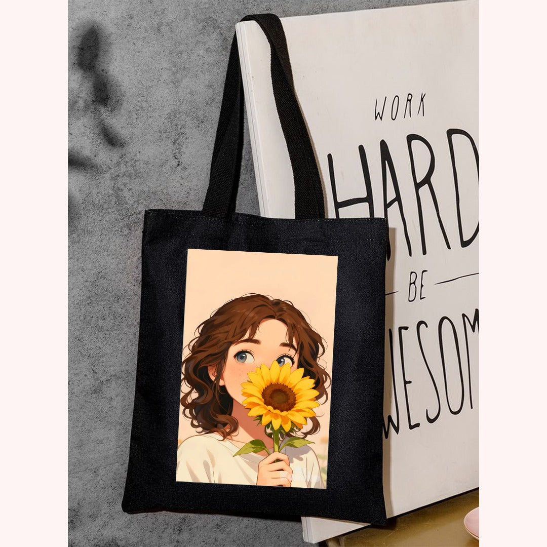 Aesthetic Sun Flower Girl Printed Tote Bag