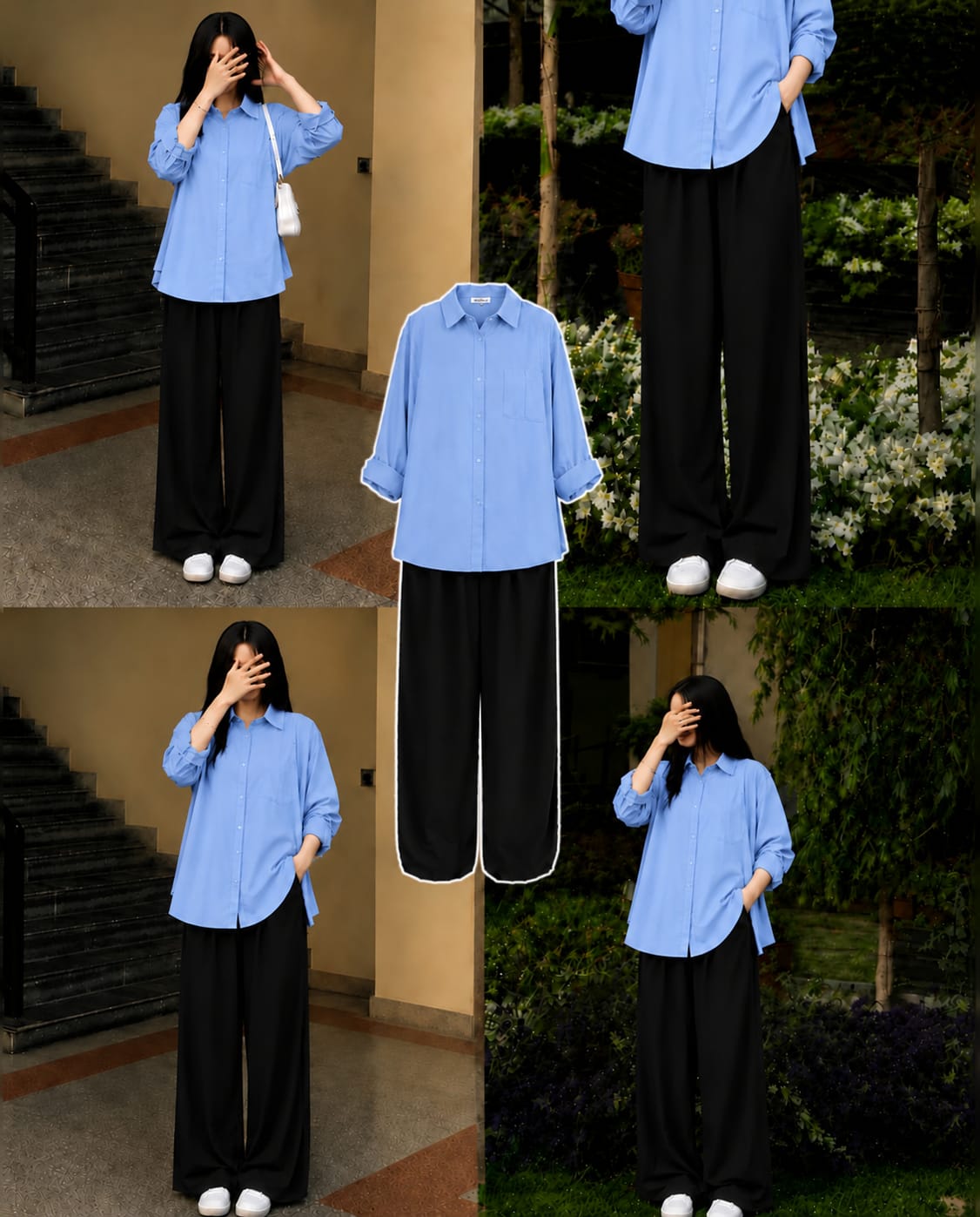 Sky Blue Button Down Shirt & Black Flapper Combo