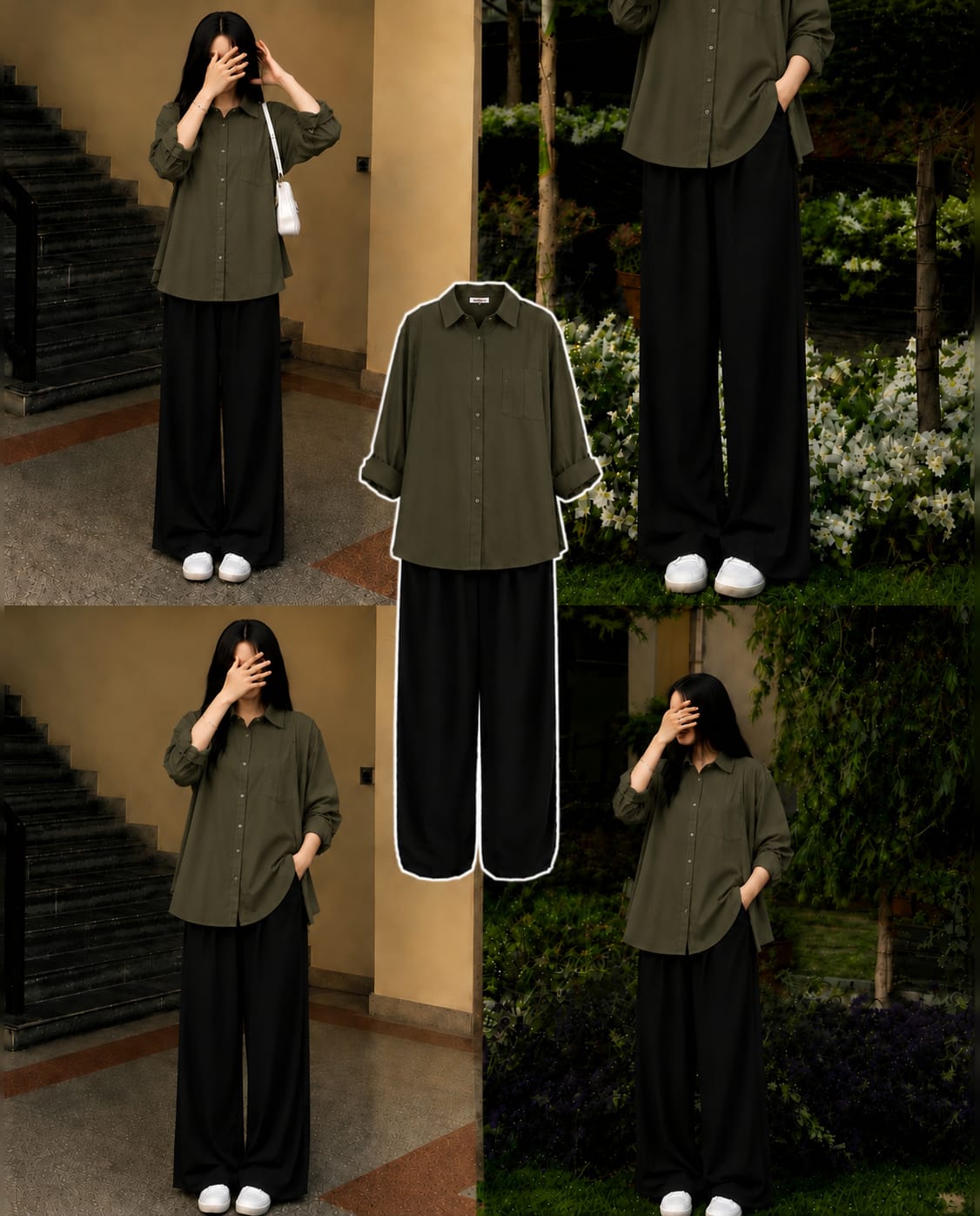 Olive Green Button Down Shirt & Black Flapper Combo