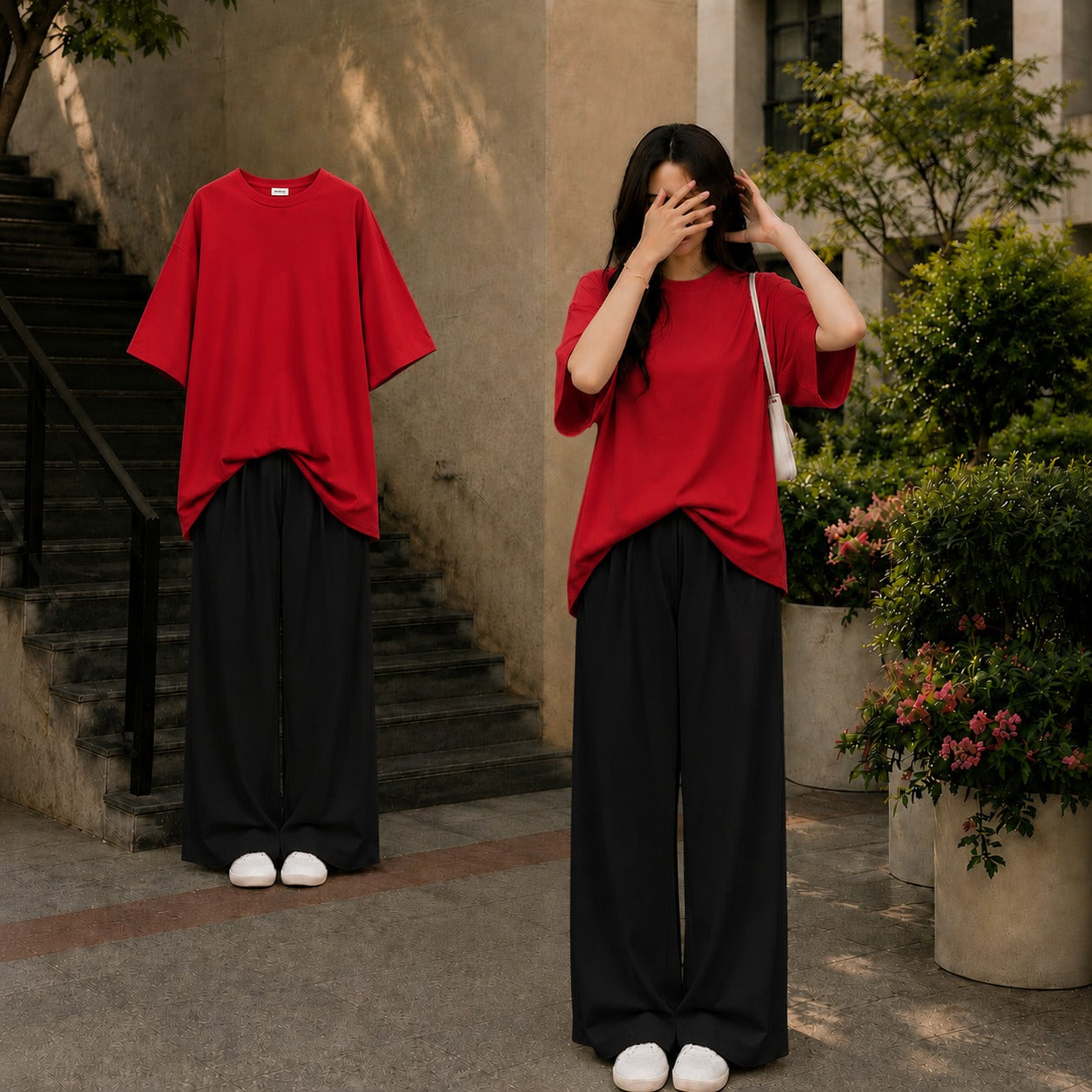 Oversized Red Tee With Black Flapper