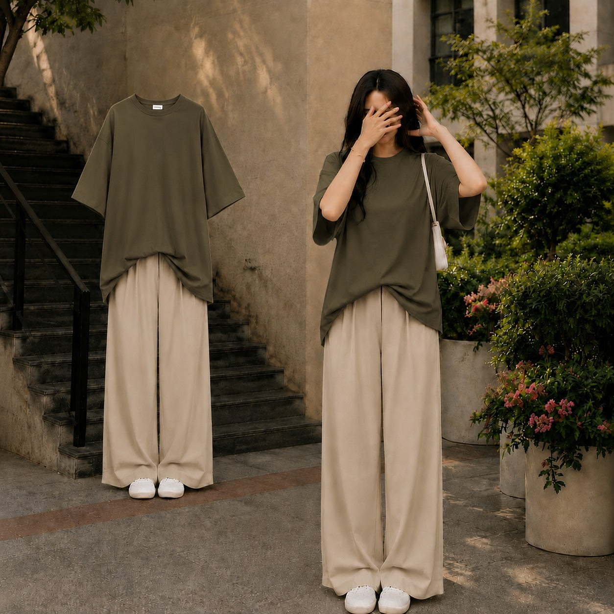 Olive Green Oversized Tee With Beige Flapper