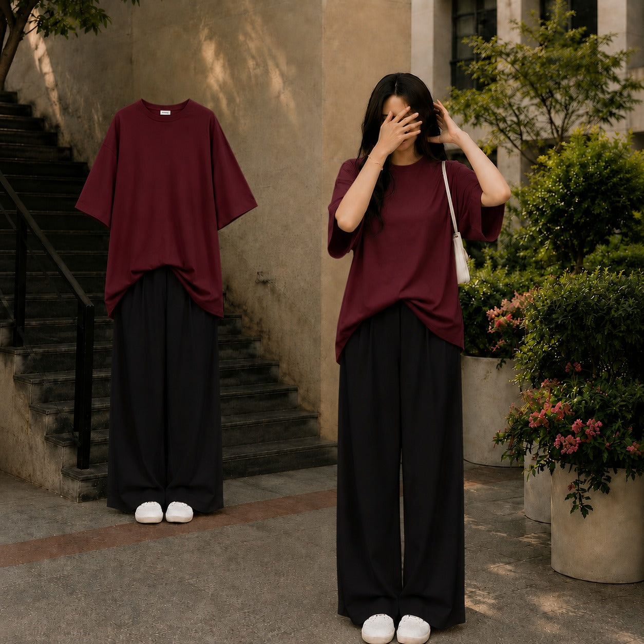 Oversized Maroon Tee With Black Flapper