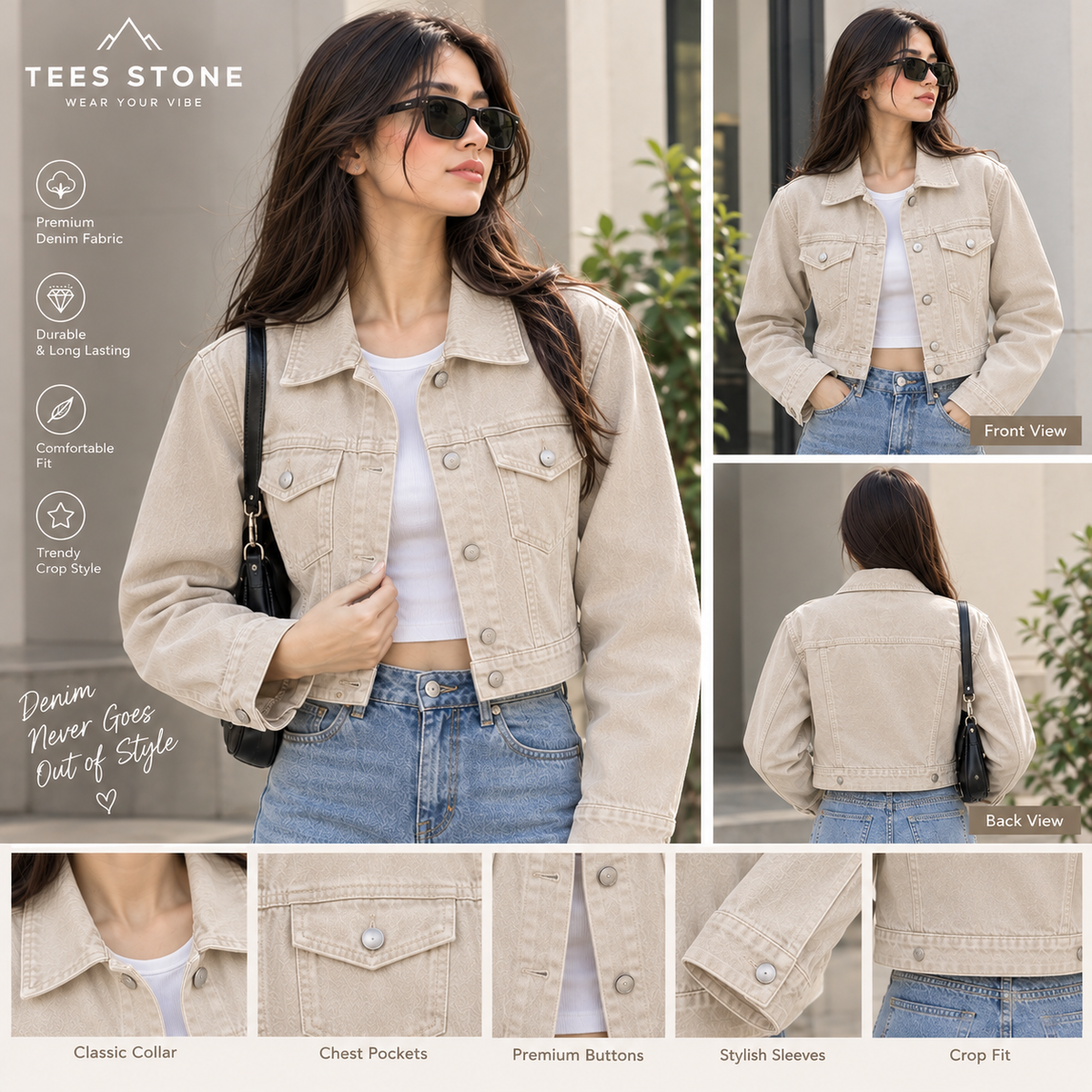Beige Crop Denim Jacket