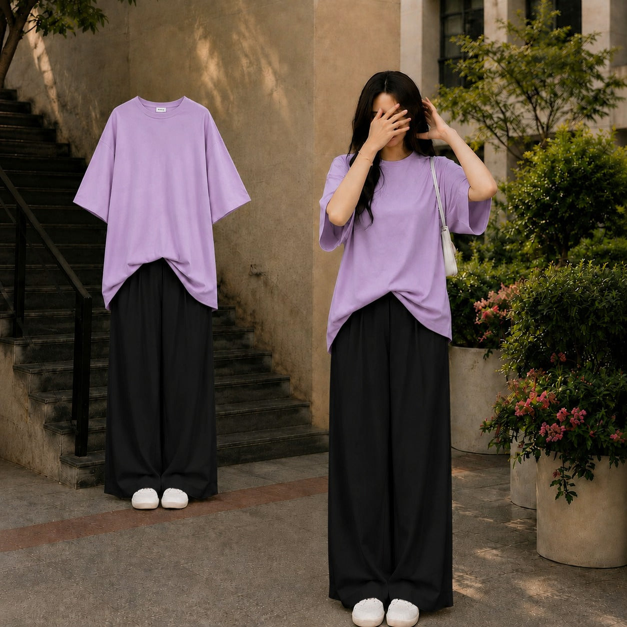 Oversized Lilac Tee With Black Flapper