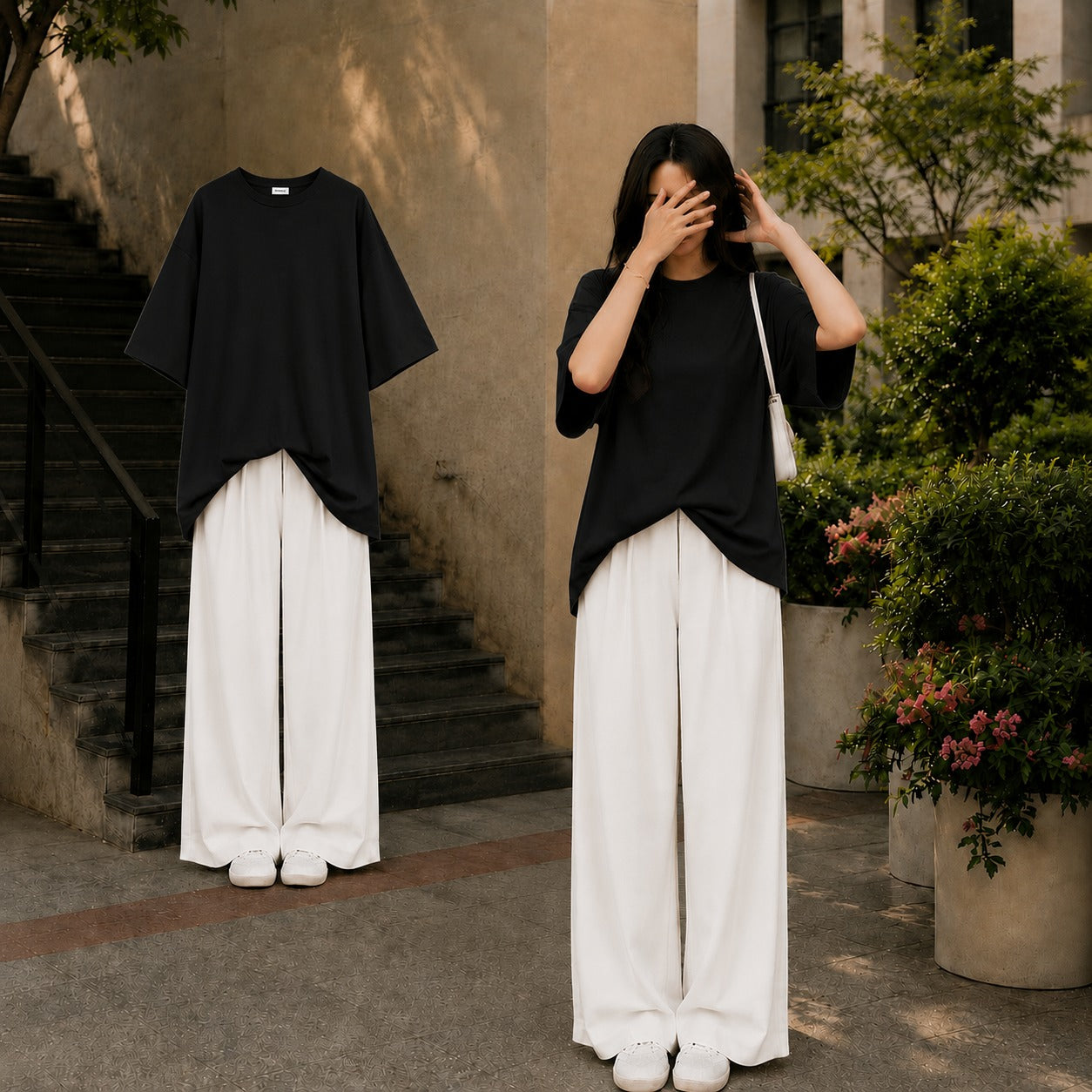 Black Oversized Tee With White Flapper