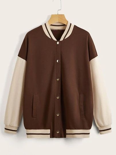 Women's Button Down Baseball Varsity Bomber Jacket Brown