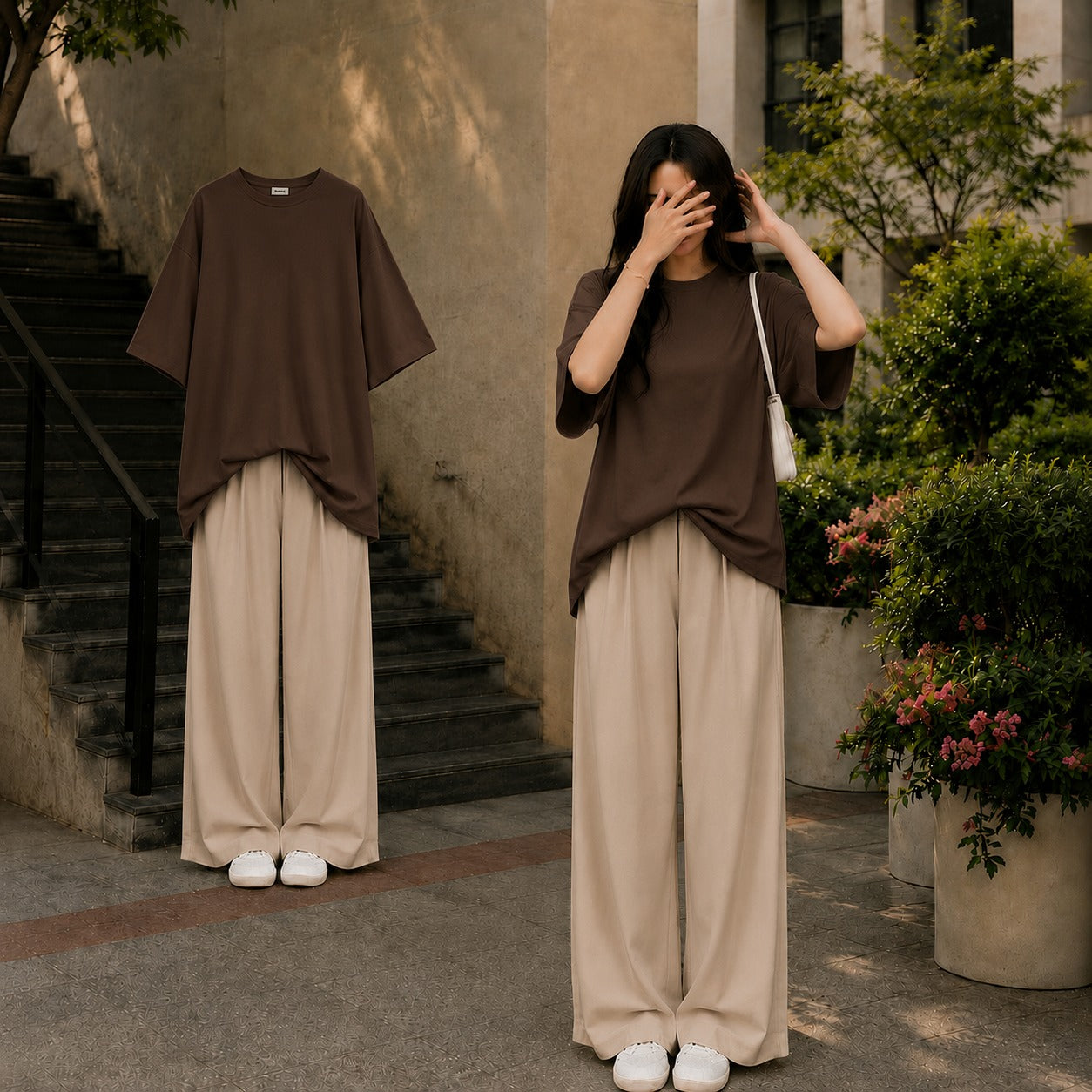 Brown Oversized Tee With Beige Flapper