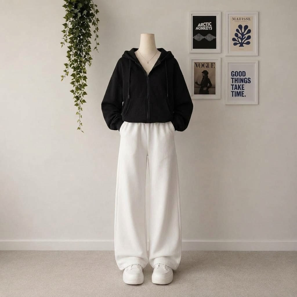 Black Zipper Hoodie With White Flapper