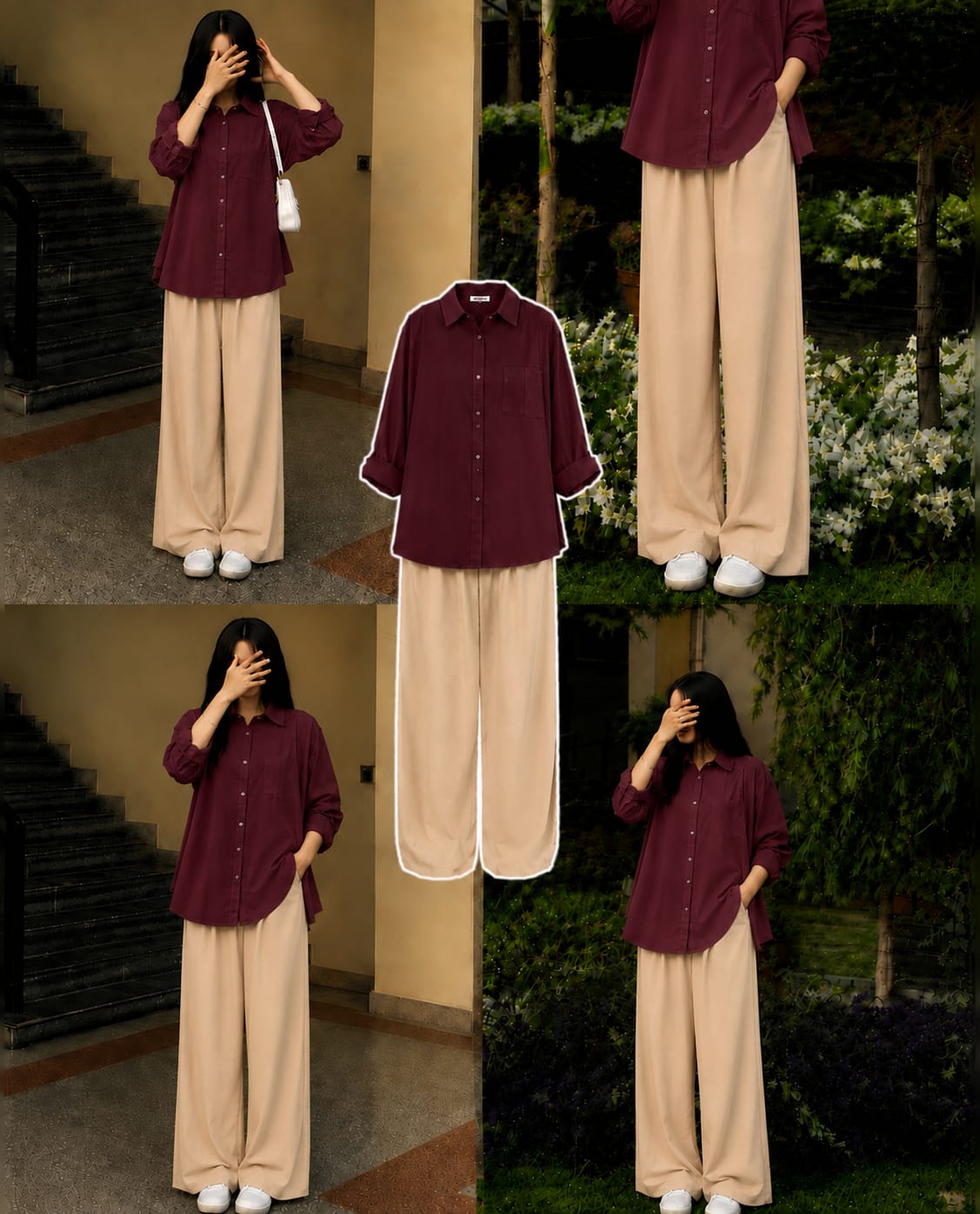 Maroon Button Down Shirt & Beige Flapper Combo