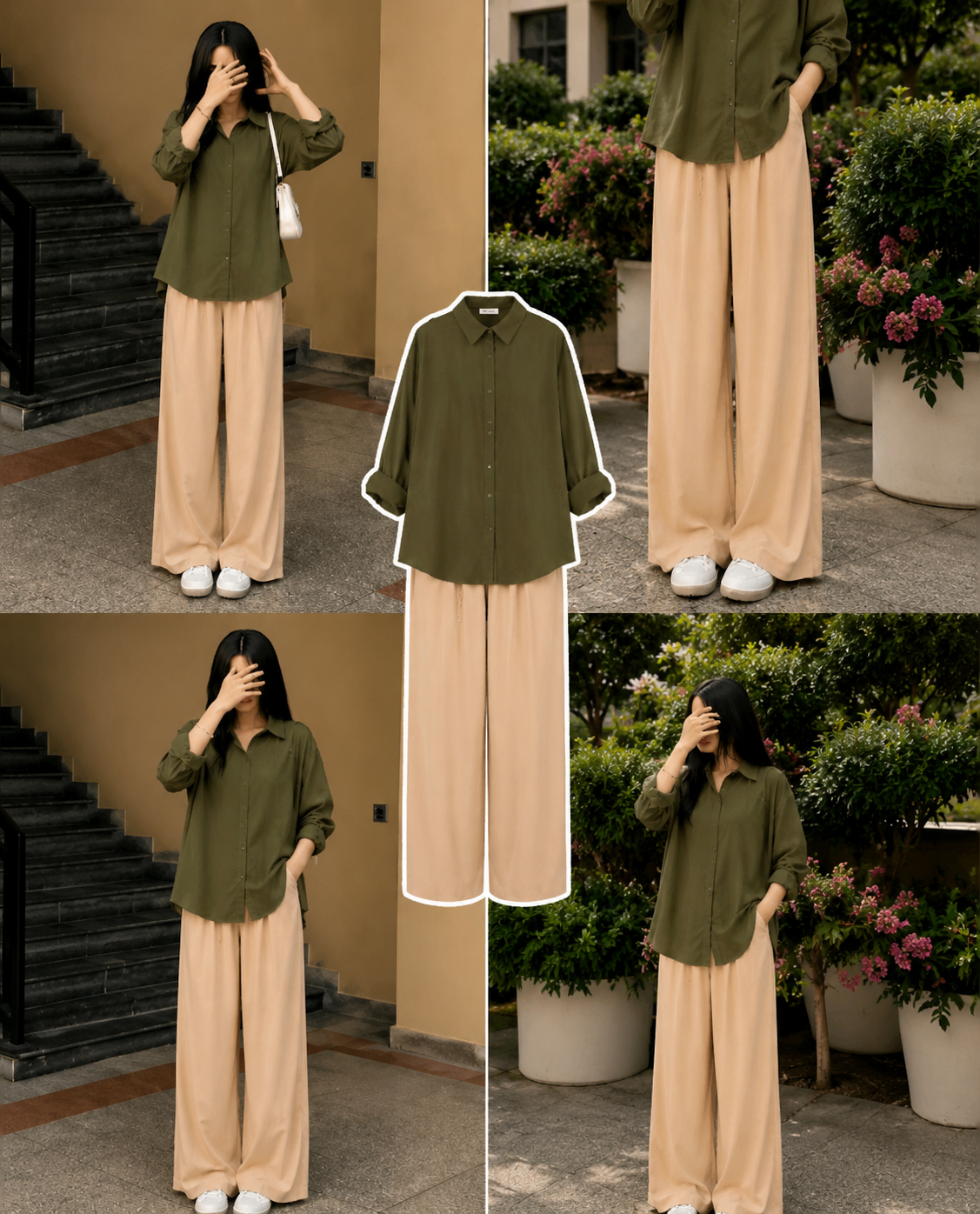 Olive Green Button Down Shirt & Beige Flapper Combo
