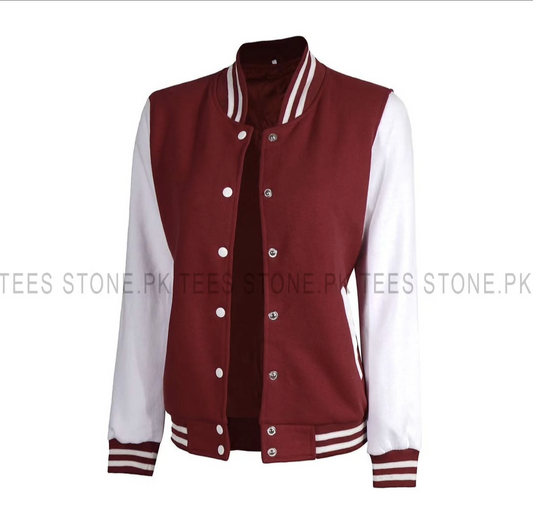 Women's Button Down Baseball Varsity Bomber Jacket Maroon