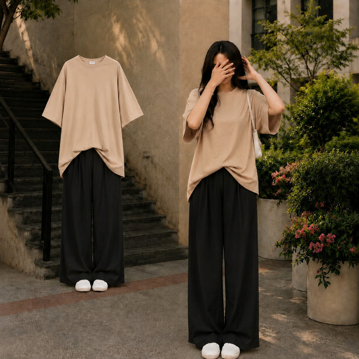 Oversized Beige Tee With Black Flapper