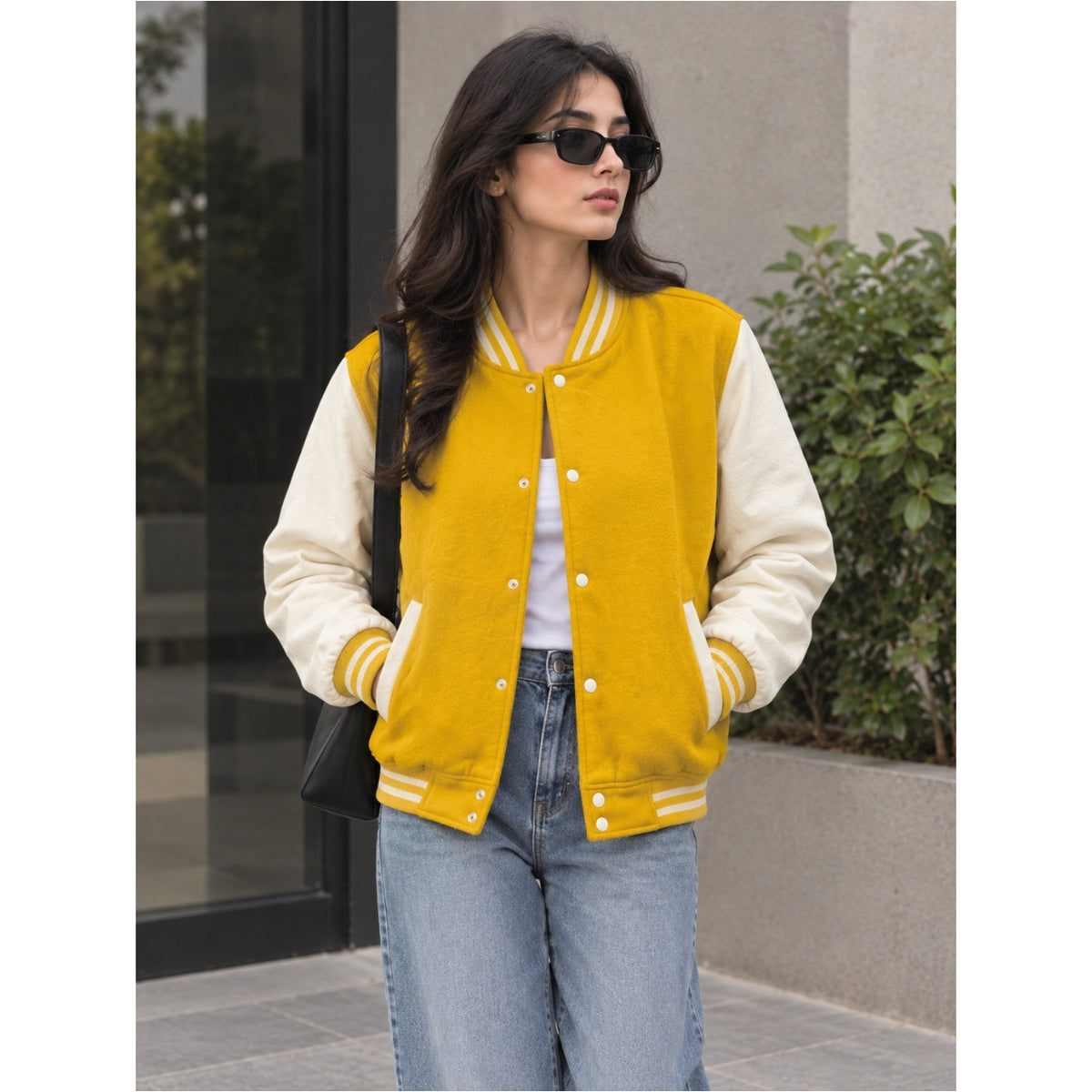 Women's Button Down Baseball Varsity Bomber Jacket Yellow