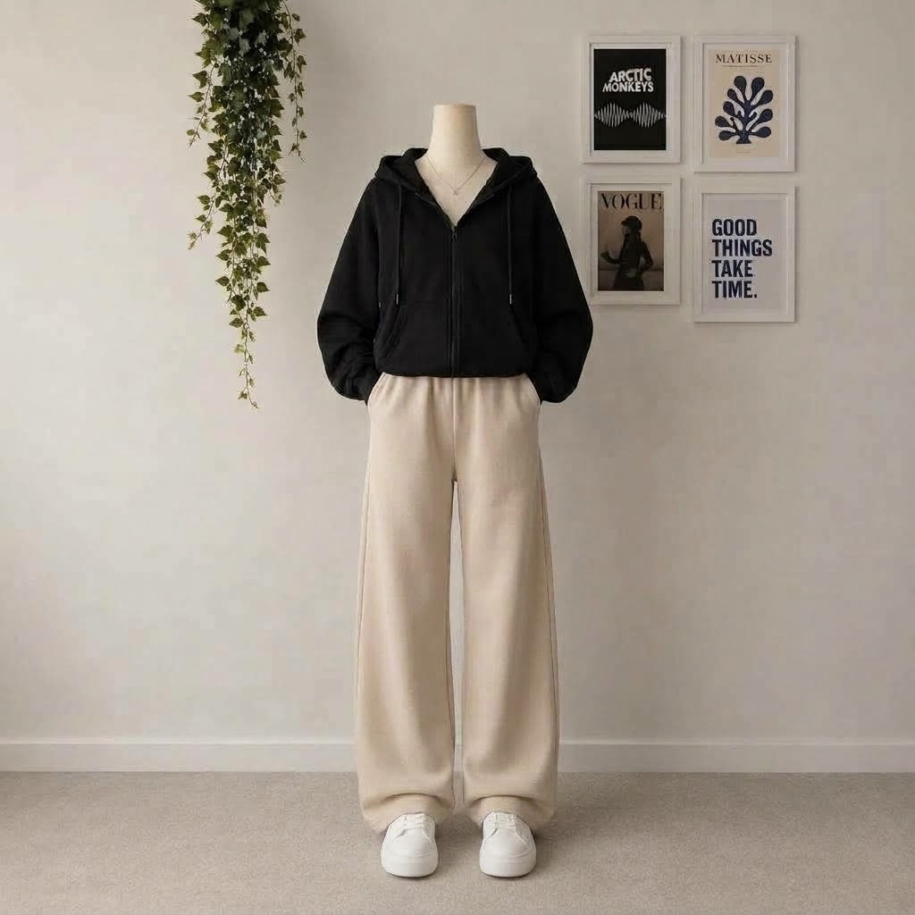 Black Zipper Hoodie With Beige Flapper