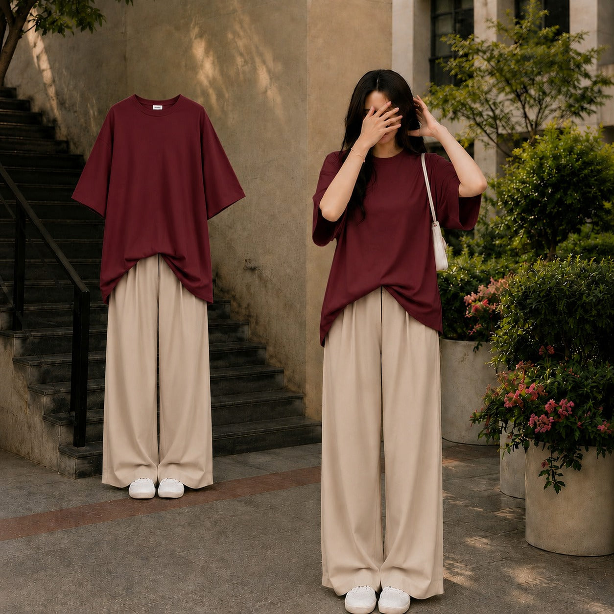Maroon Oversized Tee With Beige Flapper