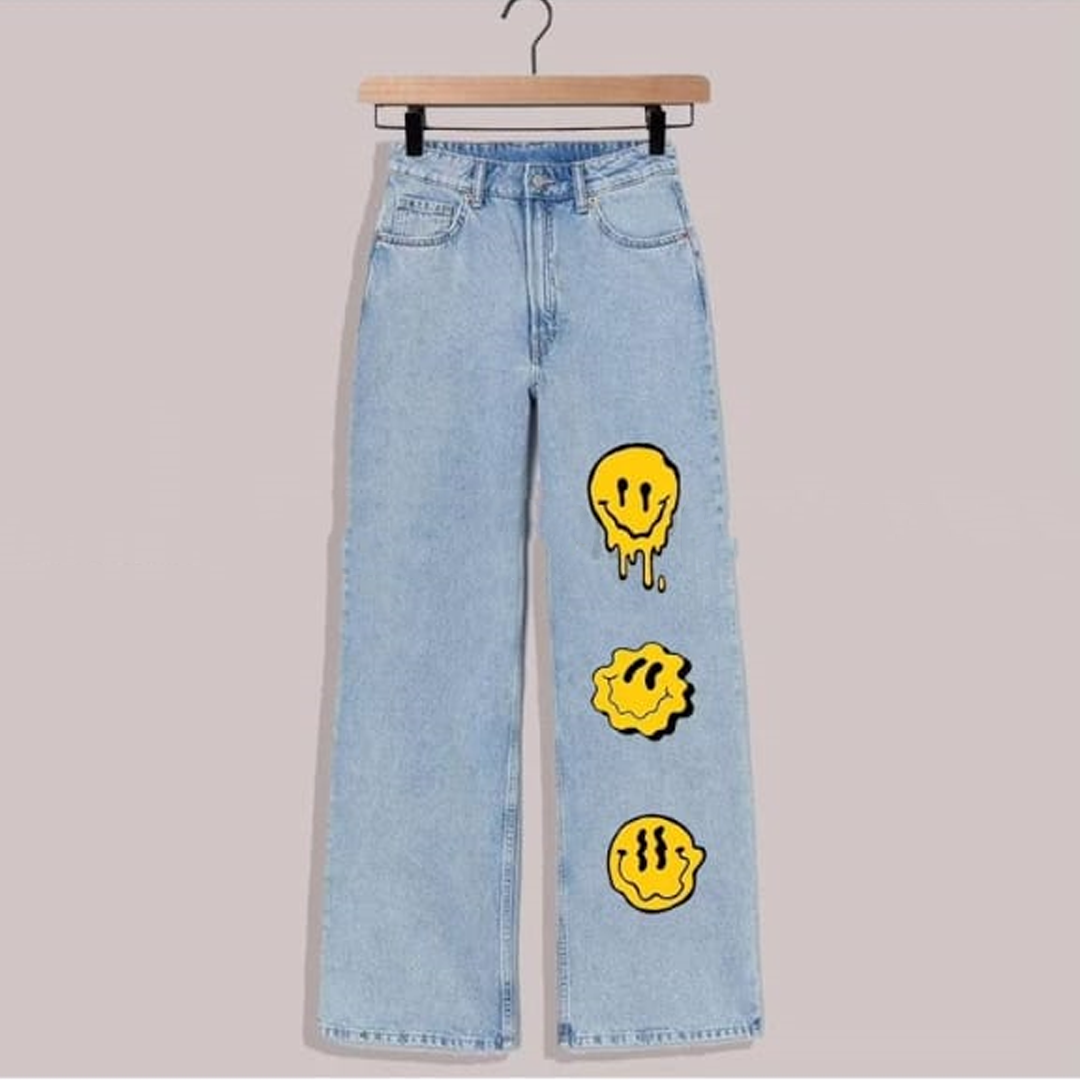 Ice blue three emoji wide leg jeans