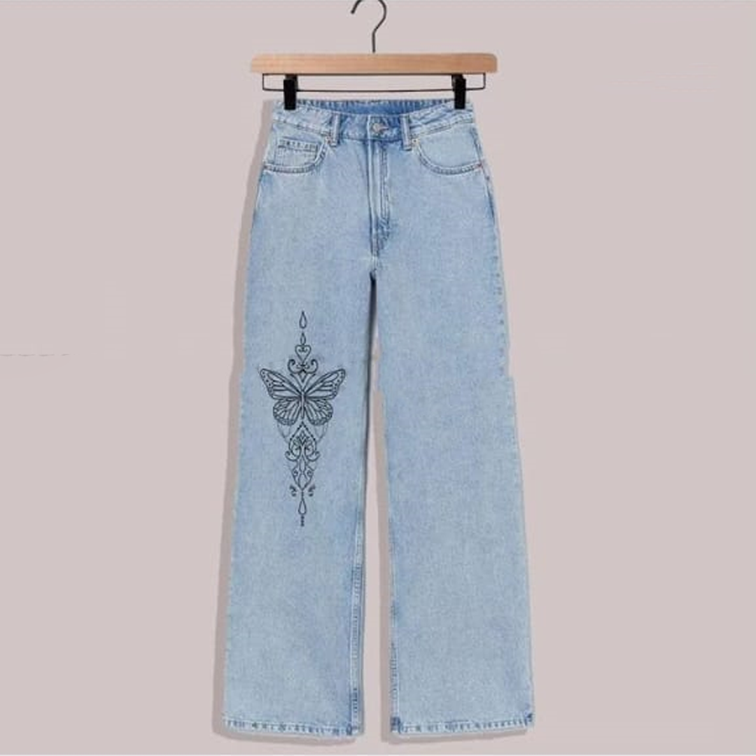 Ice blue butterfly bunch wide leg jeans