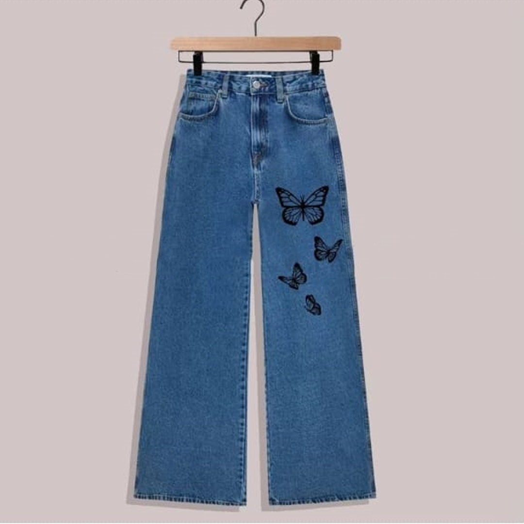 Blue butterfly wide leg jeans