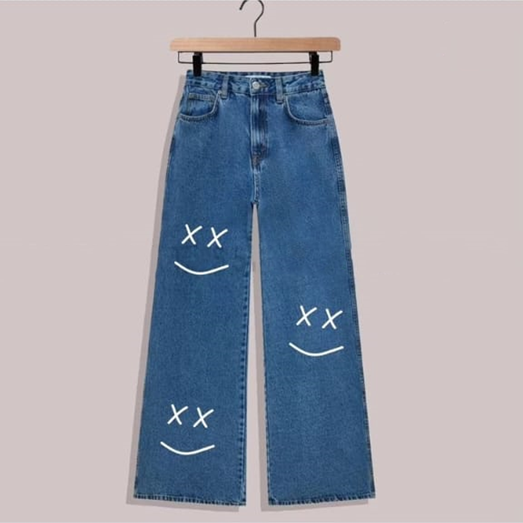 Blue smile face wide leg jeans