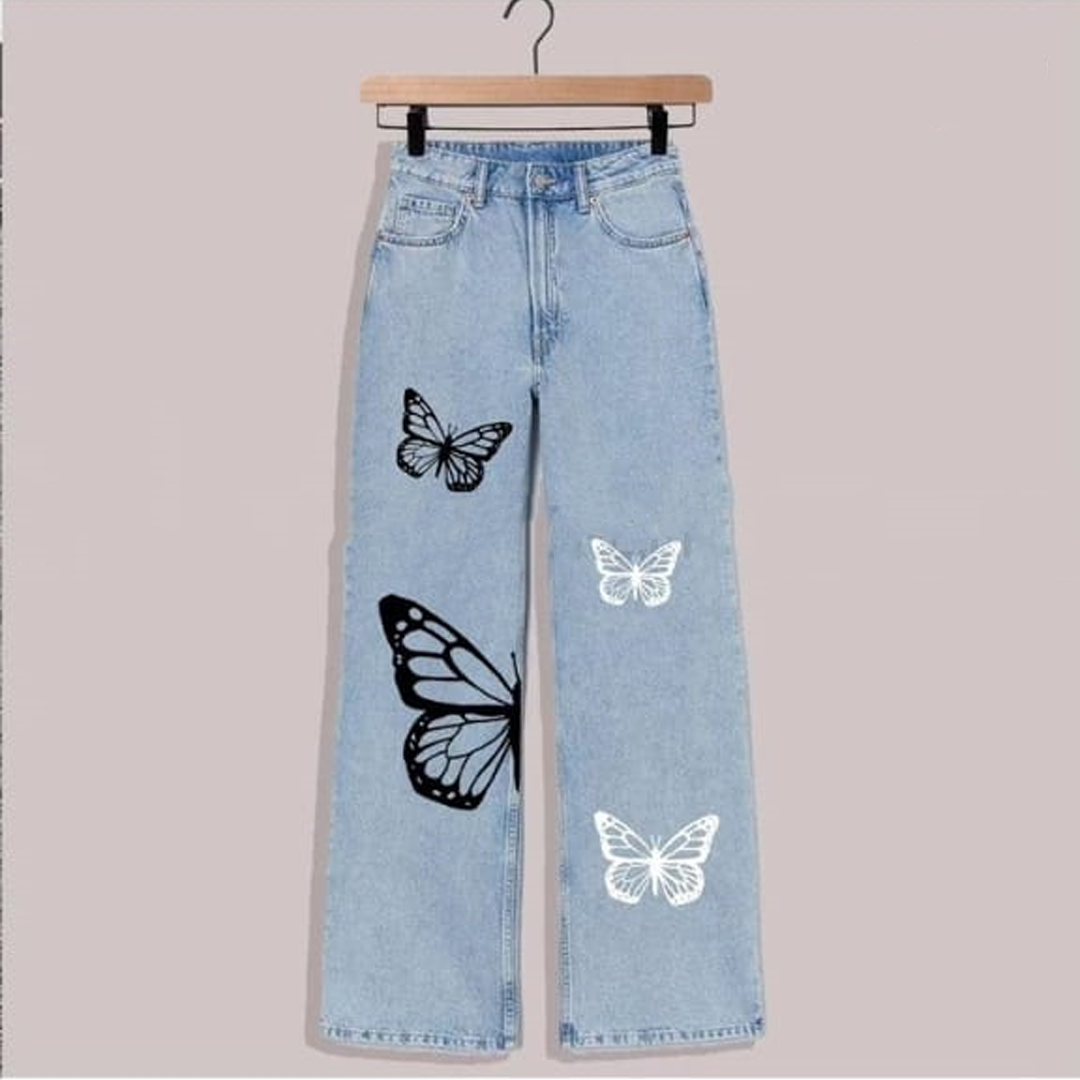 Ice blue black and white butterflies wide leg jeans