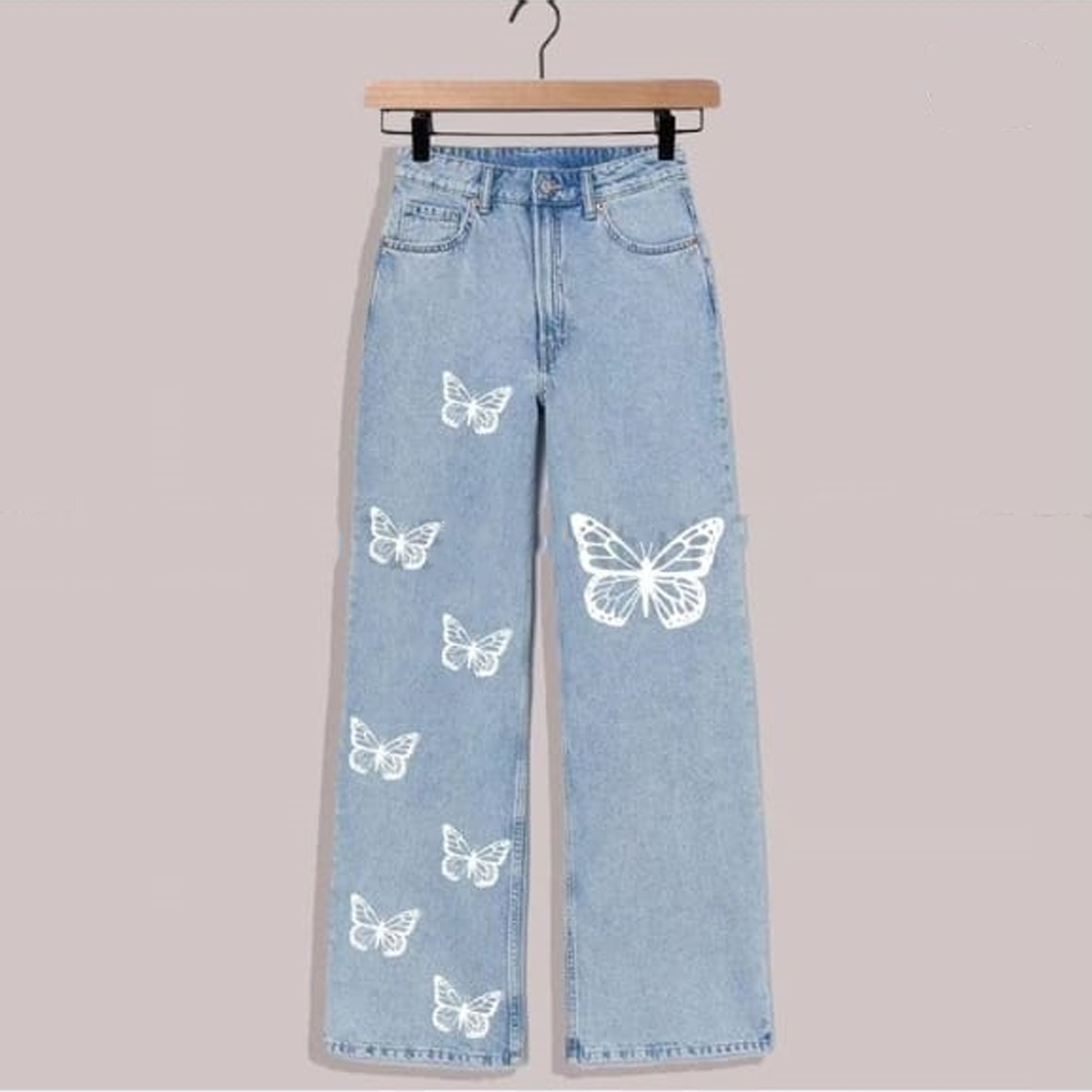 Ice blue butterflies wide leg jeans