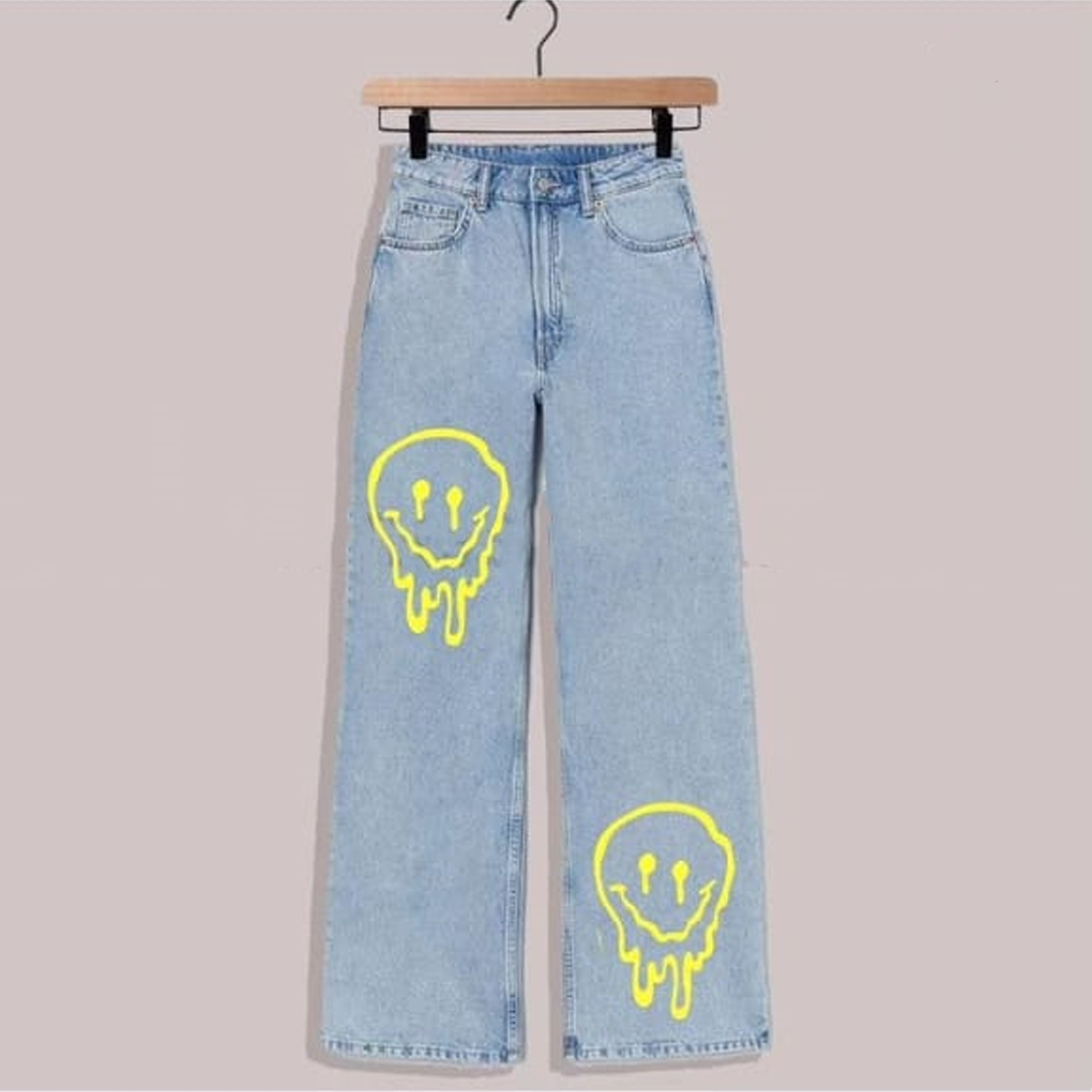 Ice blue melting emojis wide leg jeans