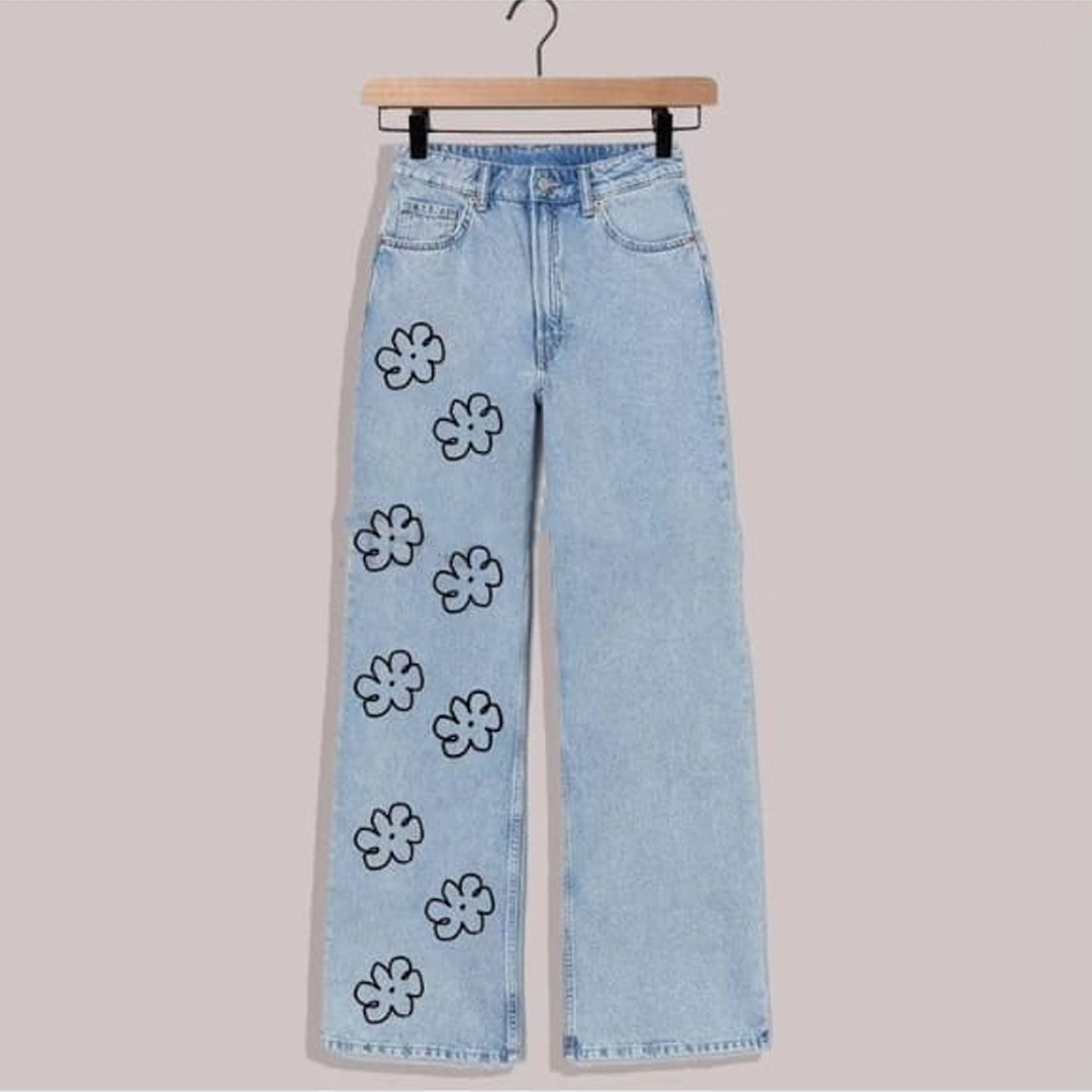 Ice blue flowers wide leg jeans