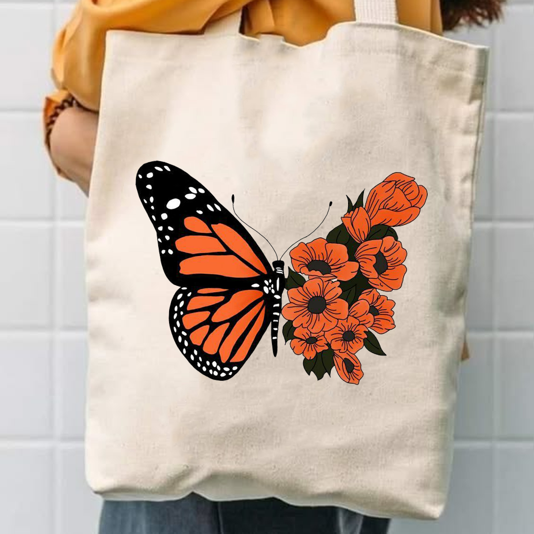 Orange butterfly canvas tote bag