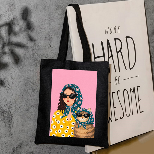 Hijabi girl and cat cool aesthetic tote bag