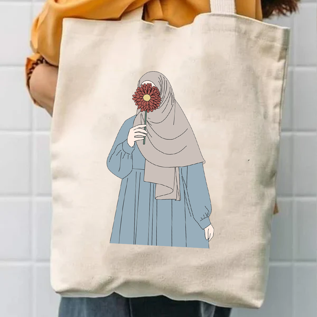 Hiding face hijab girl tote bag