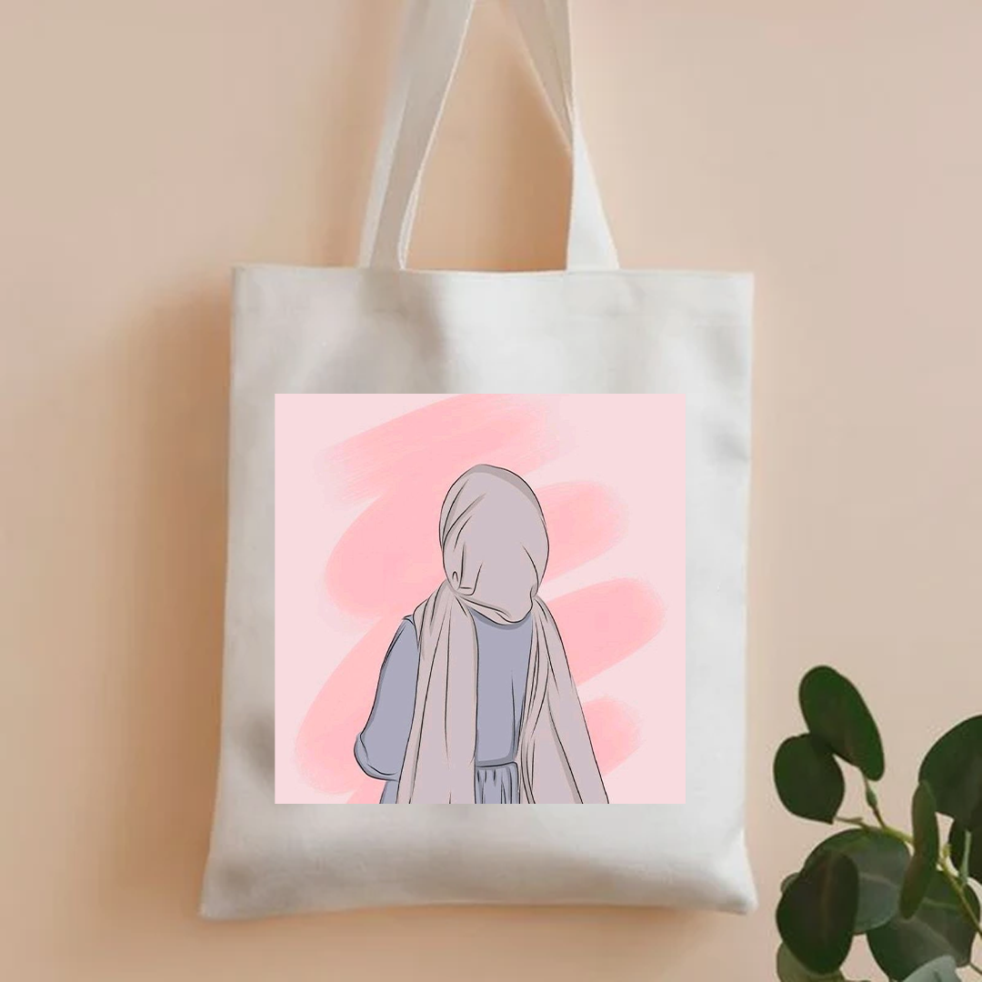 Pink background hijab girl tote bag