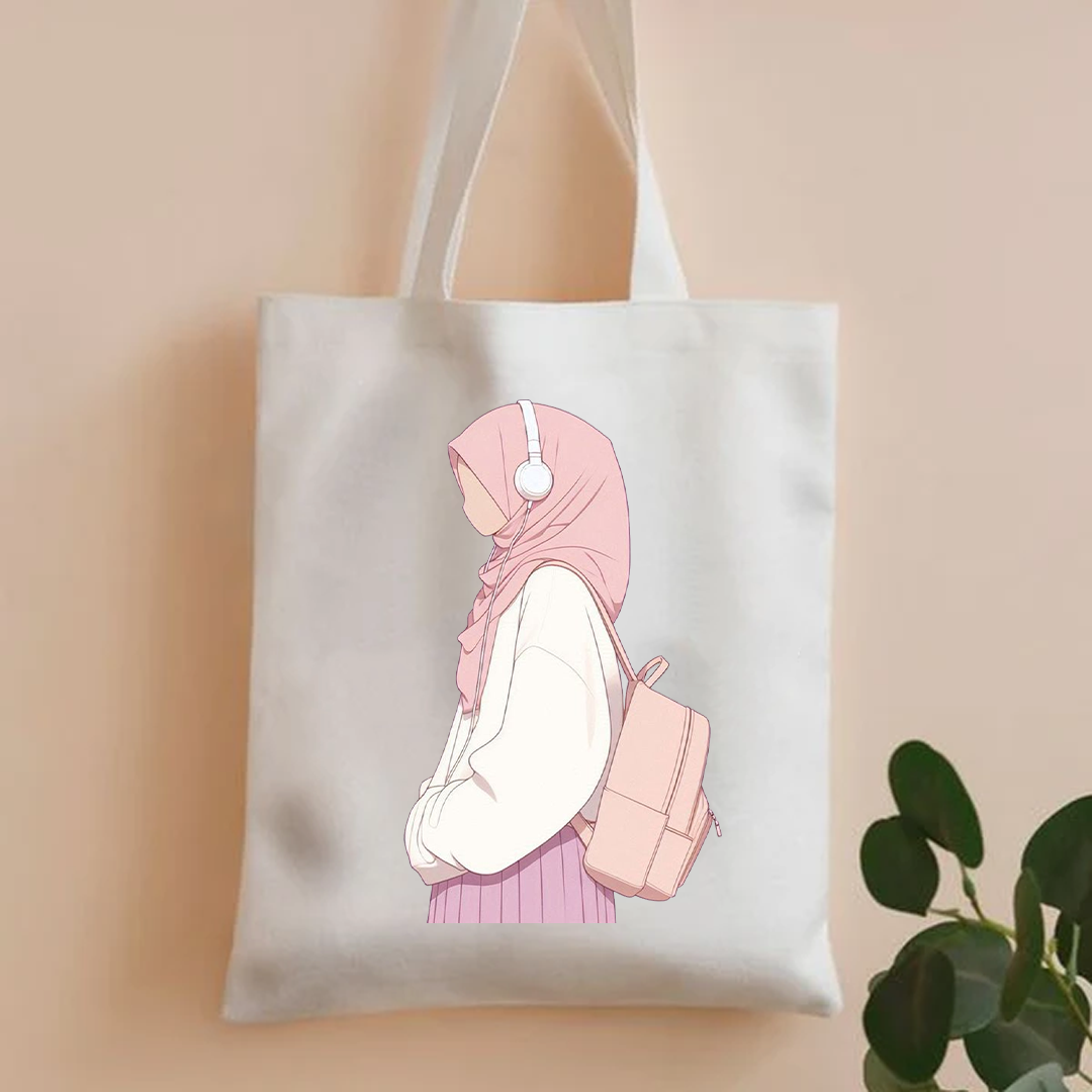 Pink hijab girl wearing headphones tote bag