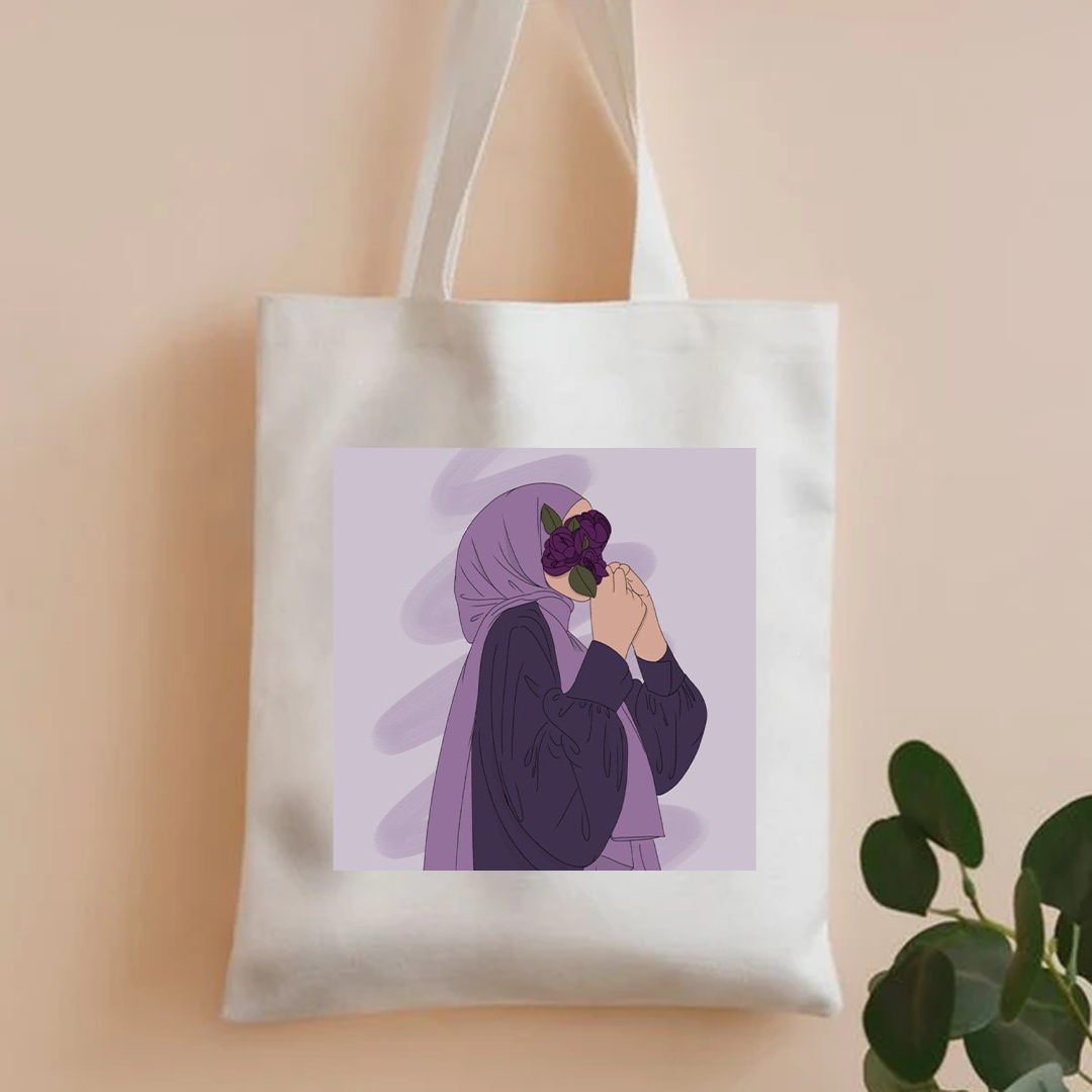 Purple aesthetic hijab girl tote bag