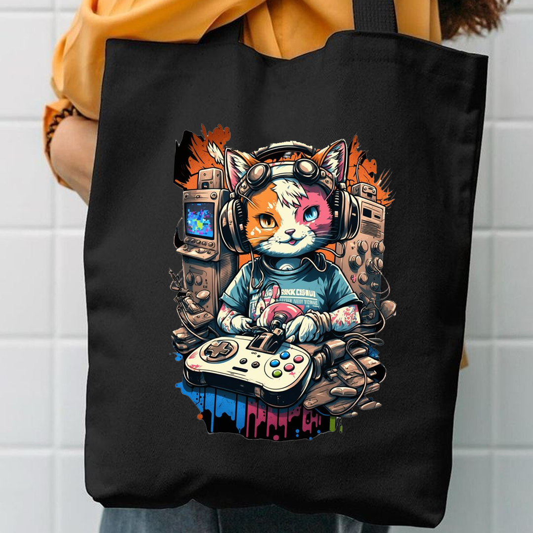 Gaming cat canvas tote bag