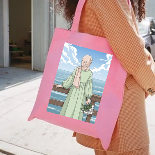 Seaview hijab girl tote bag