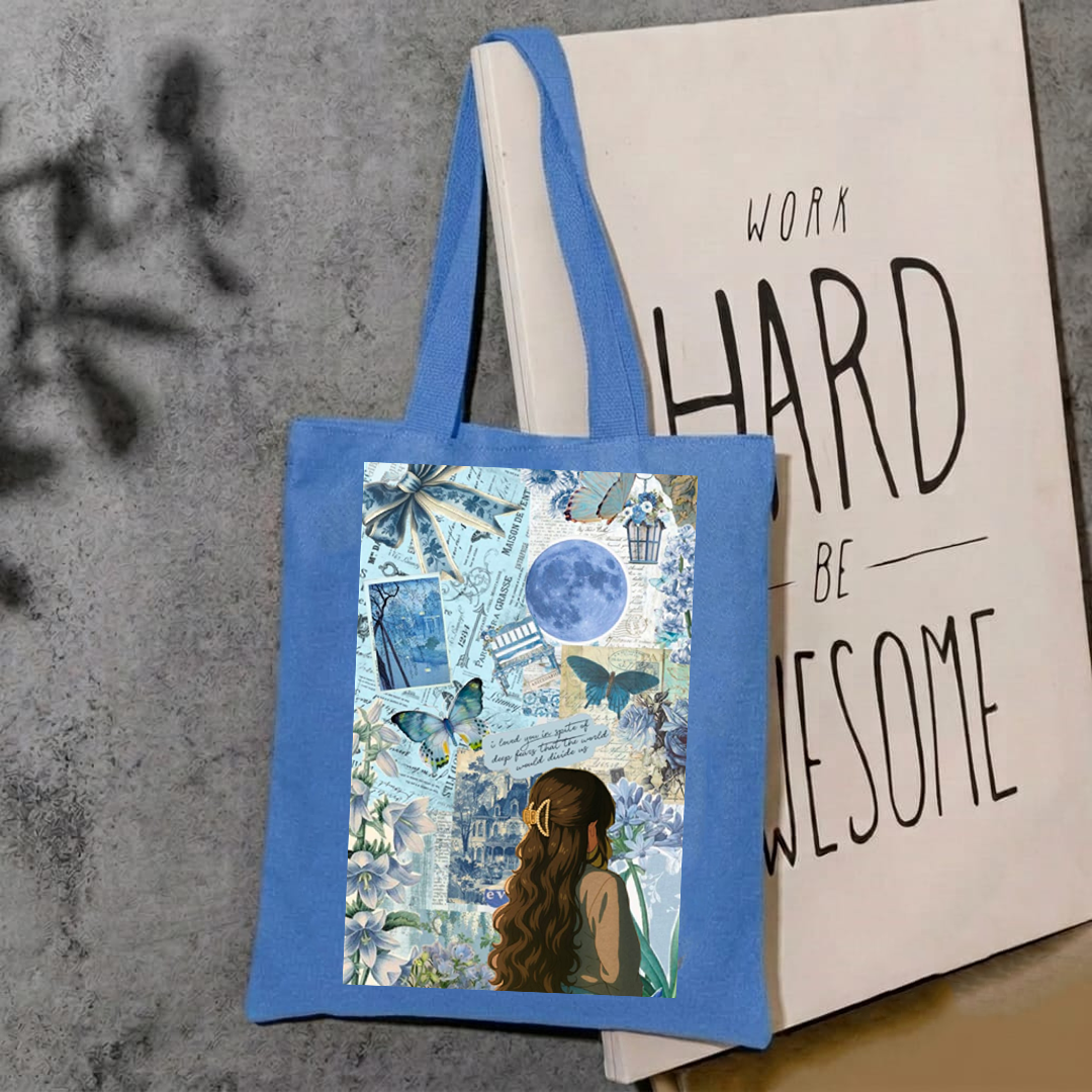 Blue aesthetic girl tote bag