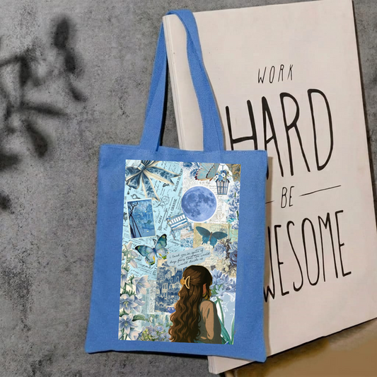 Blue aesthetic girl tote bag