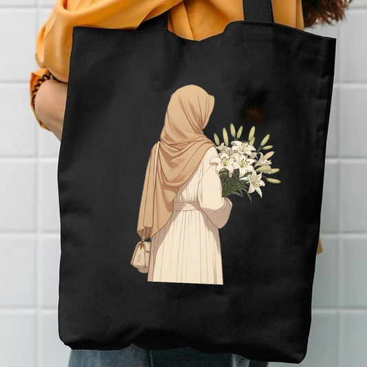 hijab girl holding flower bouquet tote bag