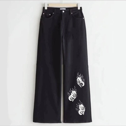 3 Black Butterfly Women wide leg jeans