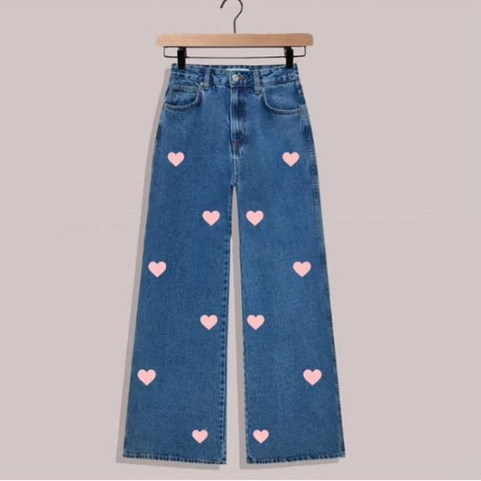 Blue pink hearts wide leg jeans